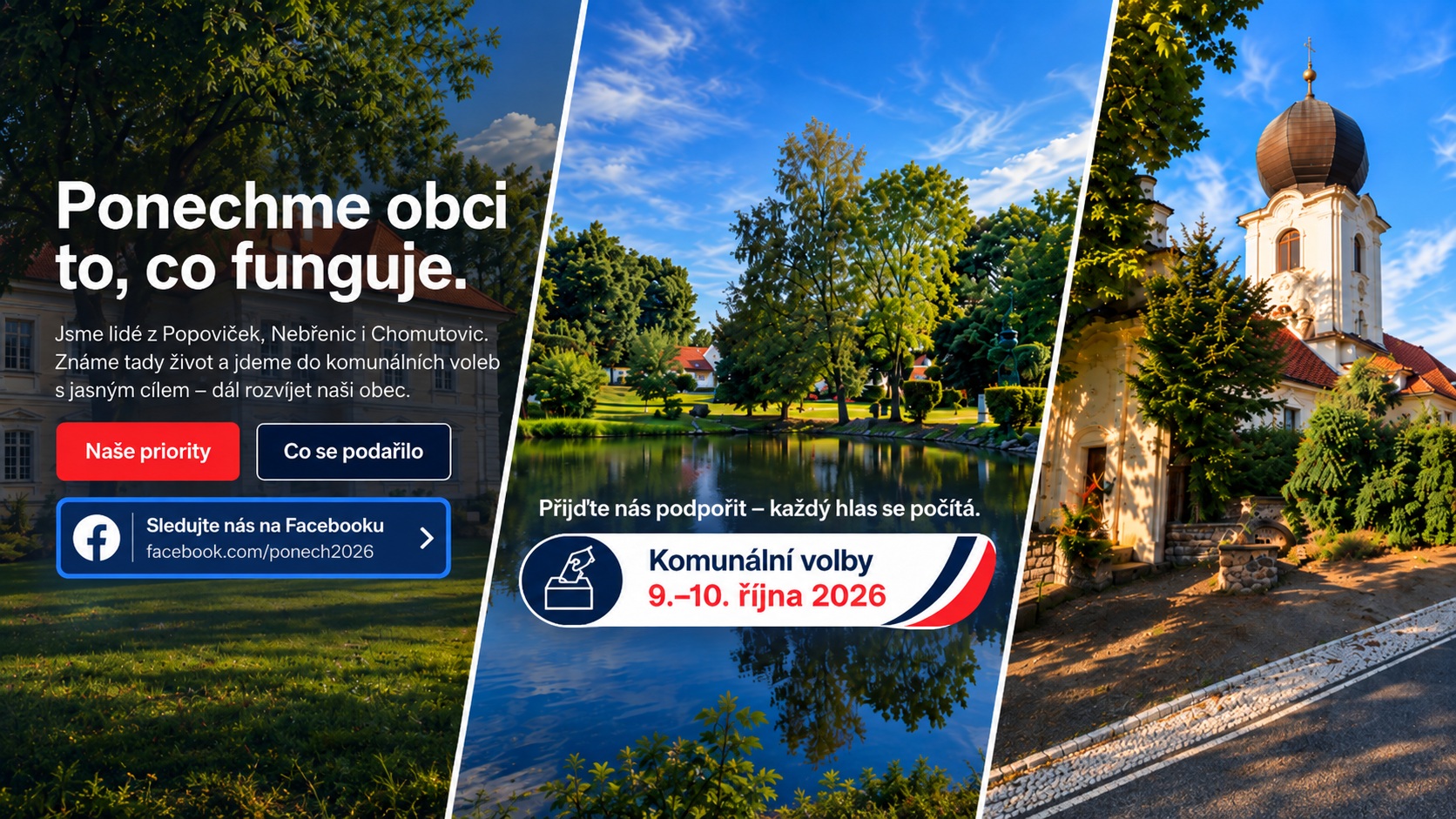PoNeCh – úvodní banner ke komunálním volbám 2026 pro Popovičky, Nebřenice a Chomutovice